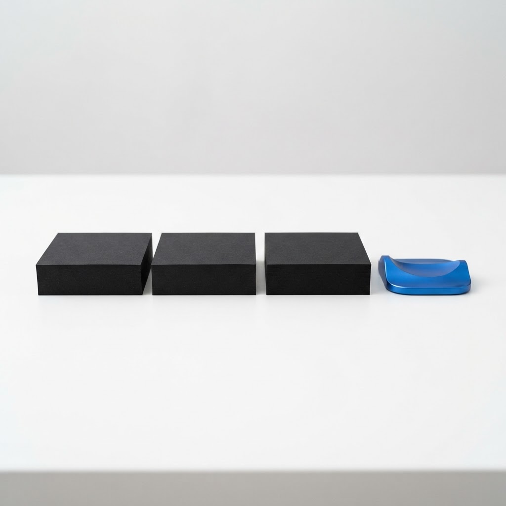 Three matte black paper blocks and a blue pen rest on a white surface