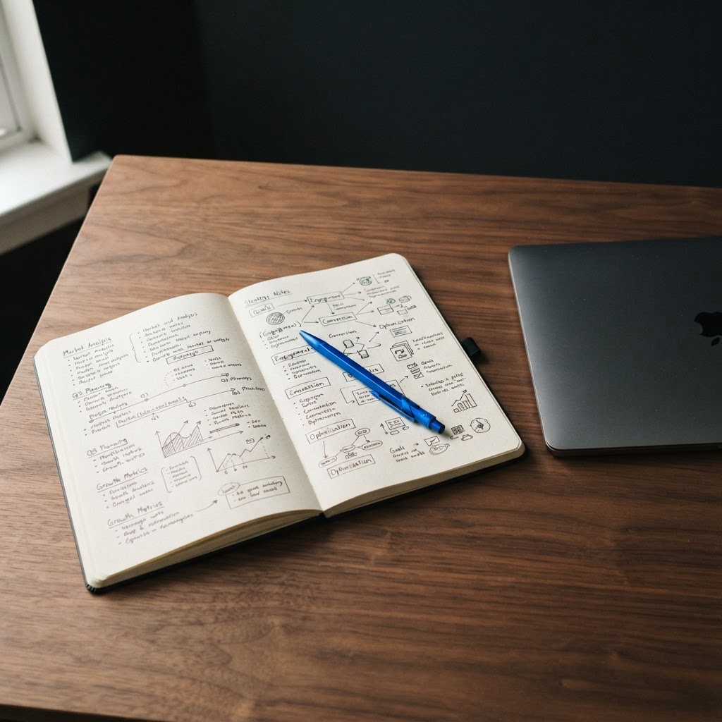 Minimalist desk setup with strategy notes and closed laptop