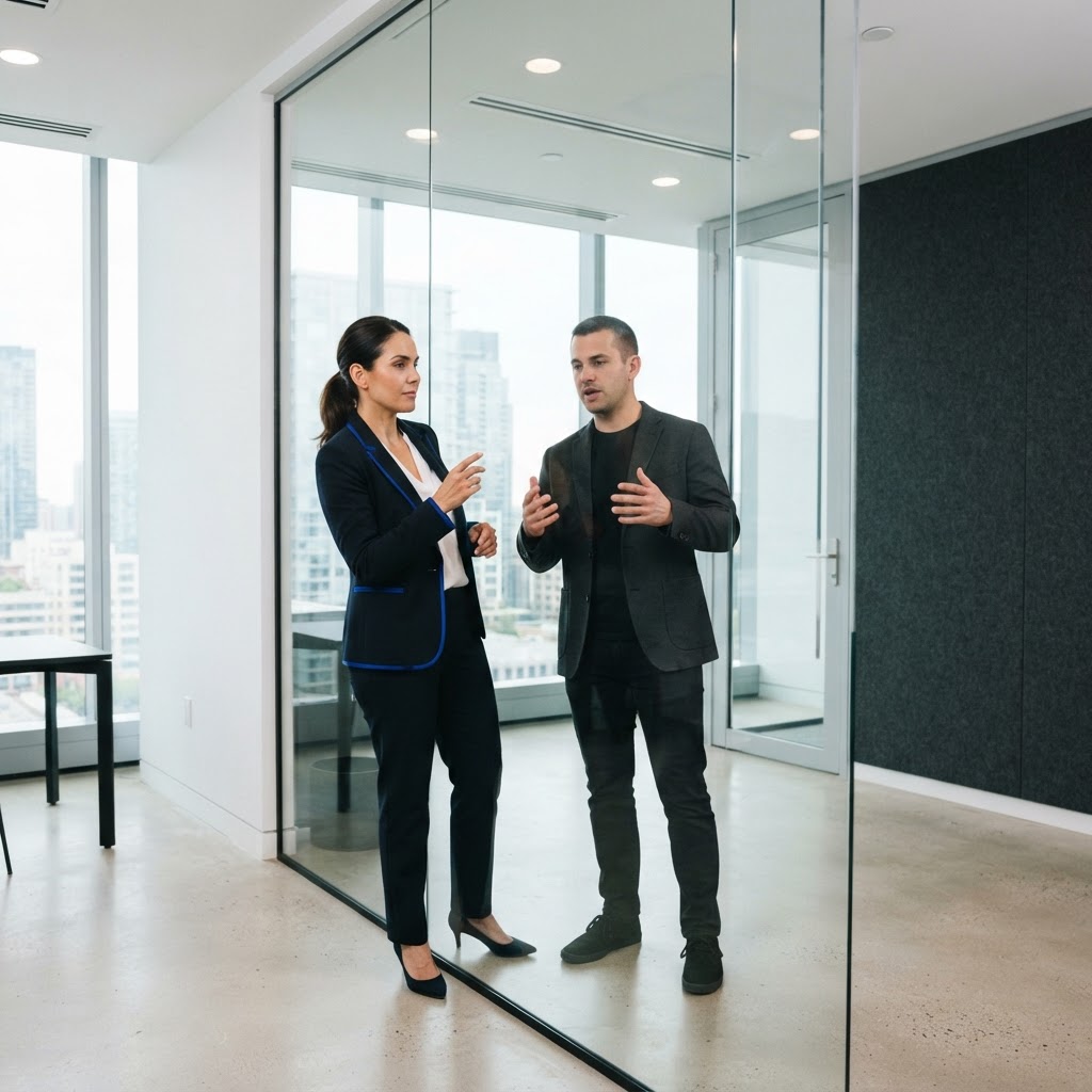 Two professionals collaborating in a modern office