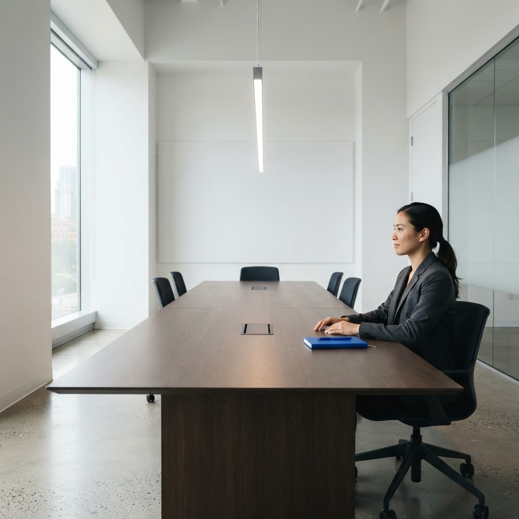 Clean minimalist conference room setting for strategic planning