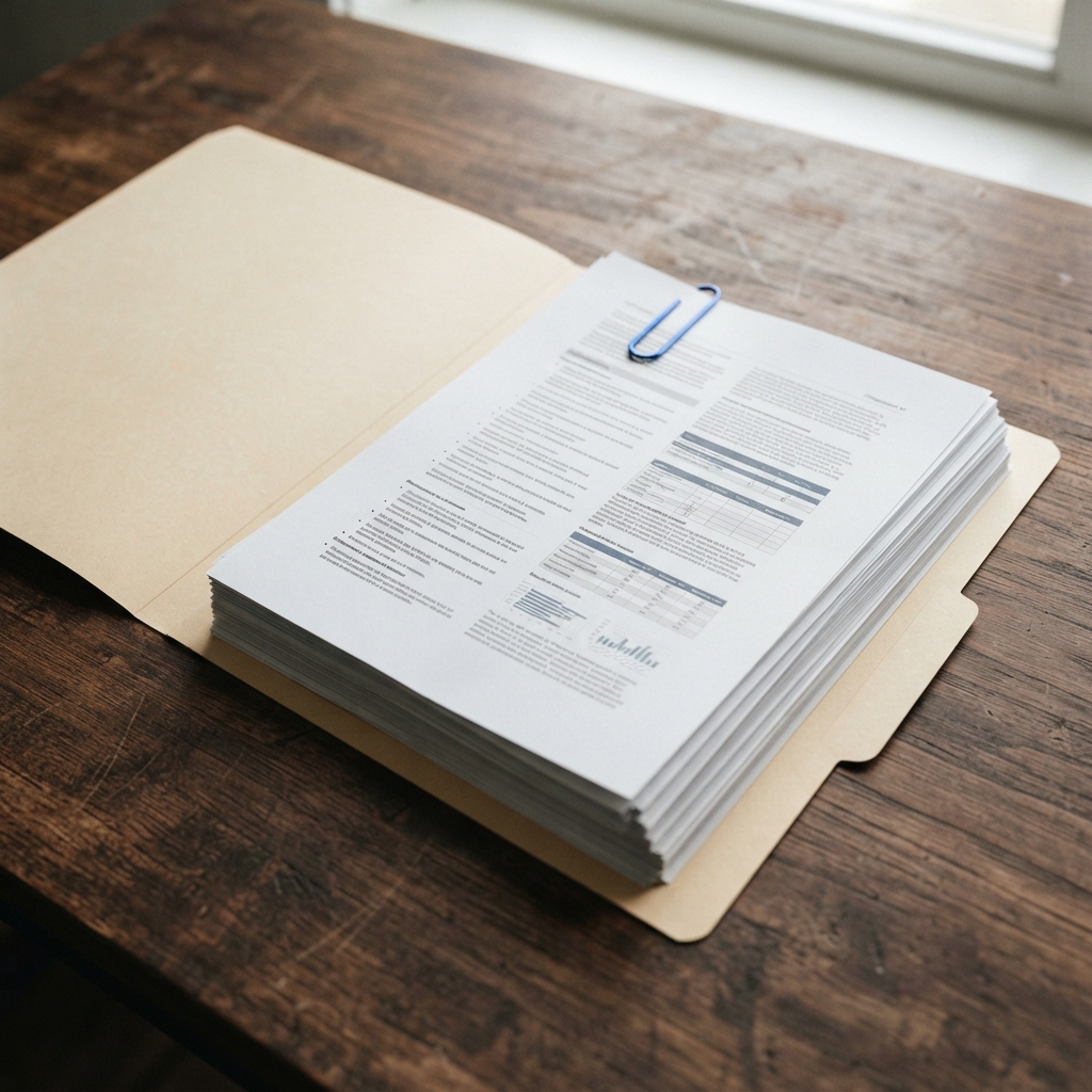 Organized physical documents secured with a blue paperclip