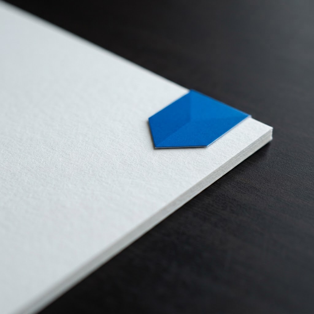 Paper texture and electric blue bookmark on dark desk