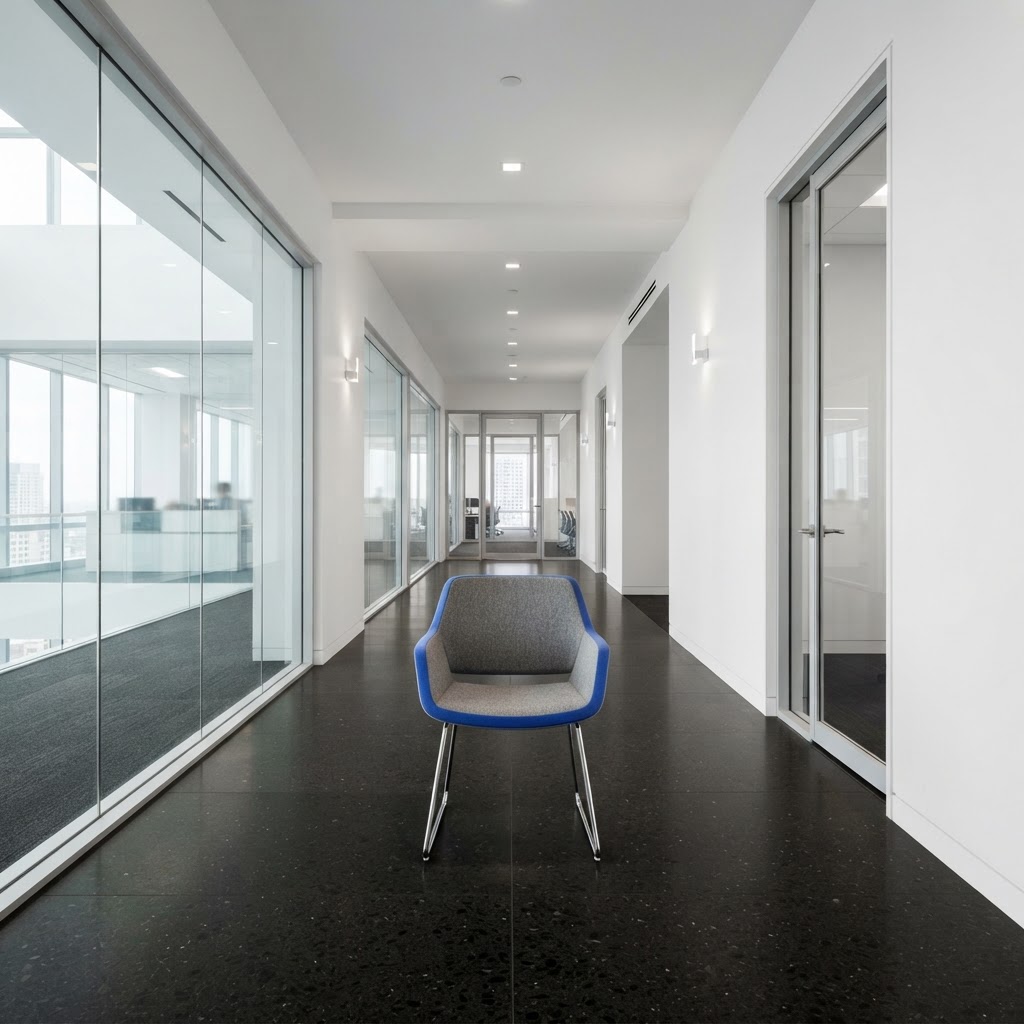 Modern office hallway with a single blue-accented chair
