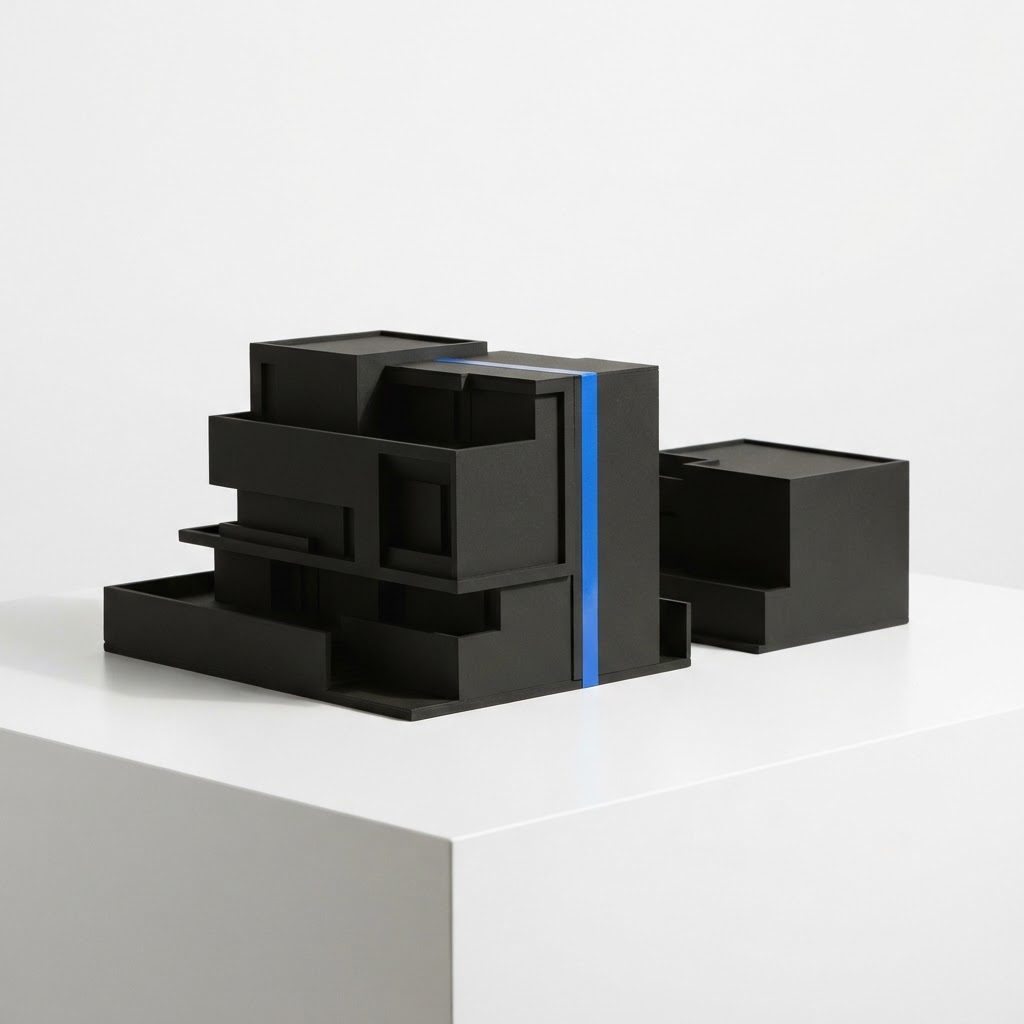 Two architectural models on a white desk with a blue accent