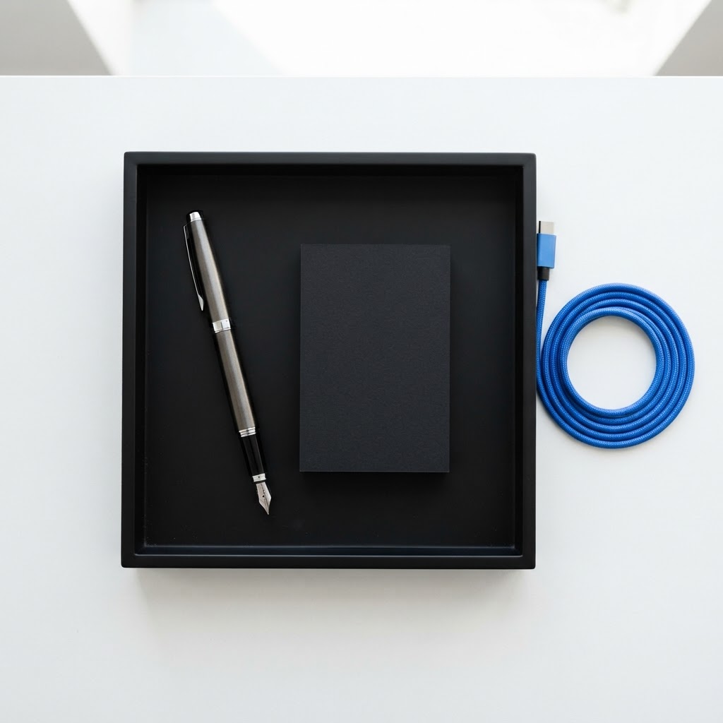 Minimalist desk tray with black objects and a blue charging cable