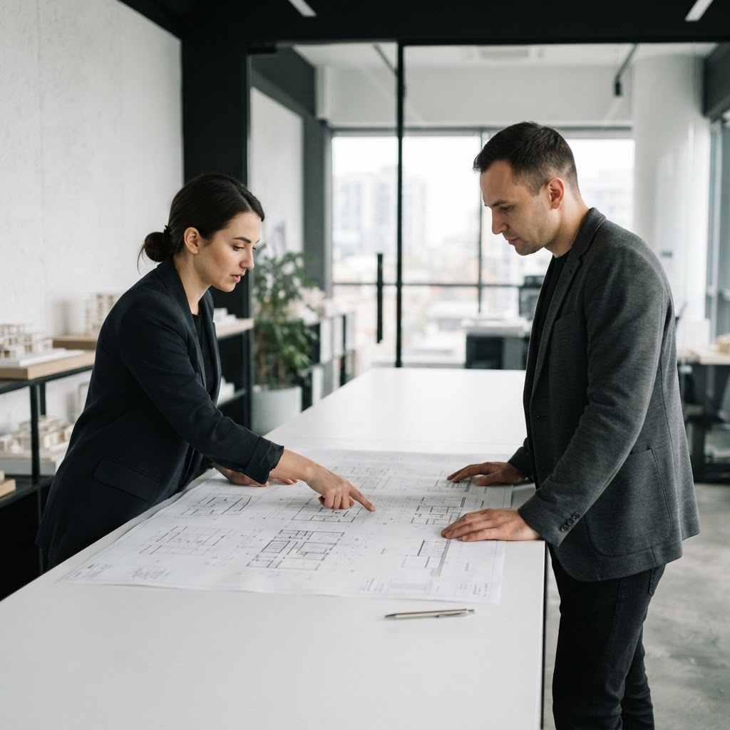 Two professionals collaborating over a physical printed document