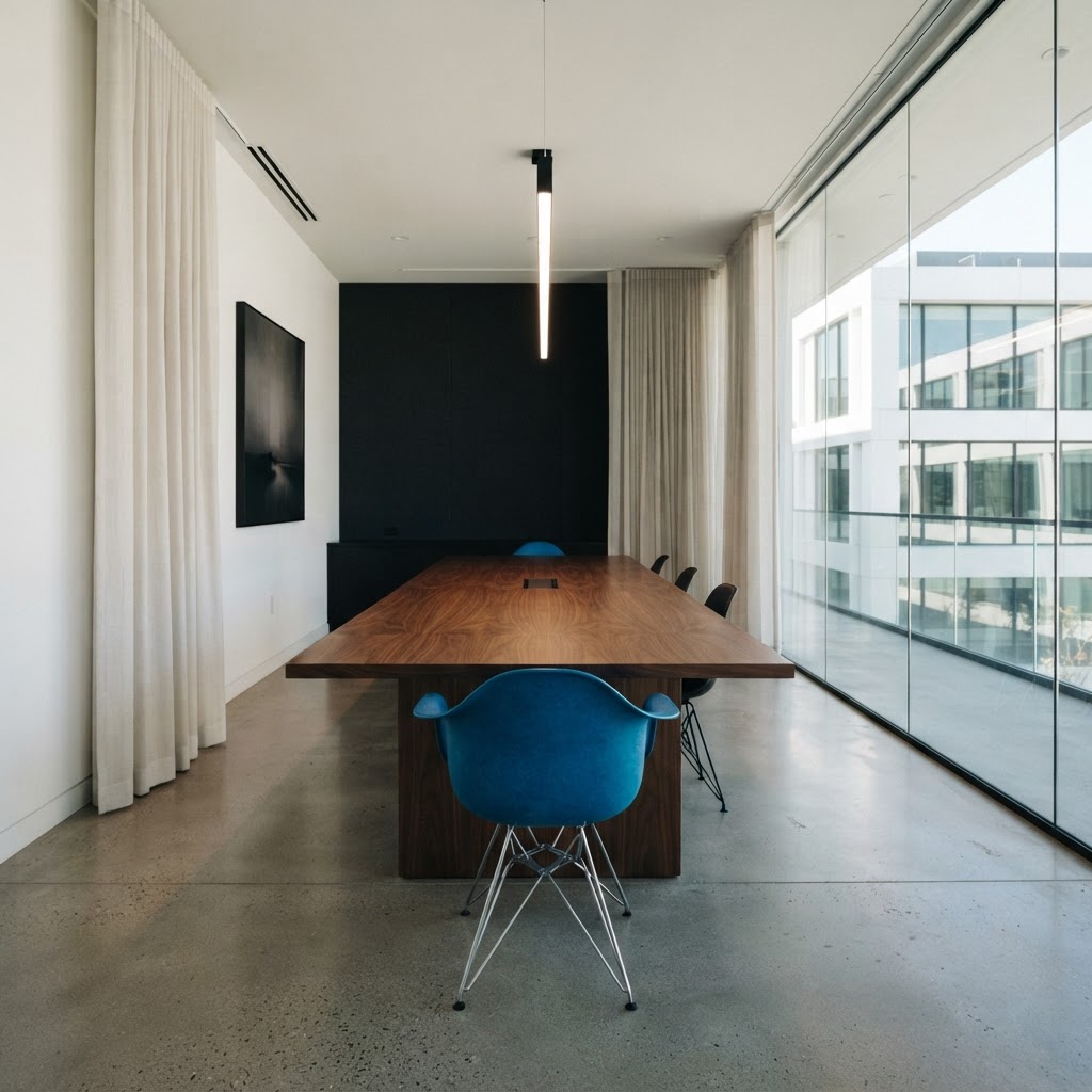 An empty modern conference room with one blue chair
