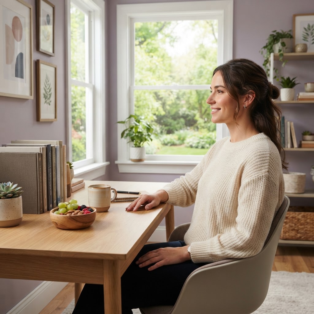 An employee working in a peaceful and flexible home office setting