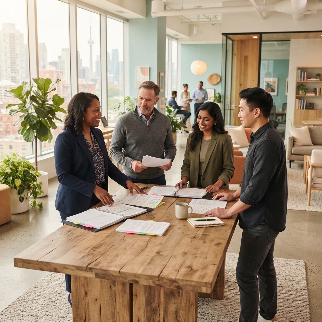 Diverse HR professionals discussing employee benefits in a modern office