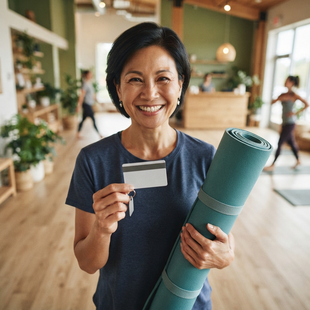 Person holding a gym membership card near a yoga mat