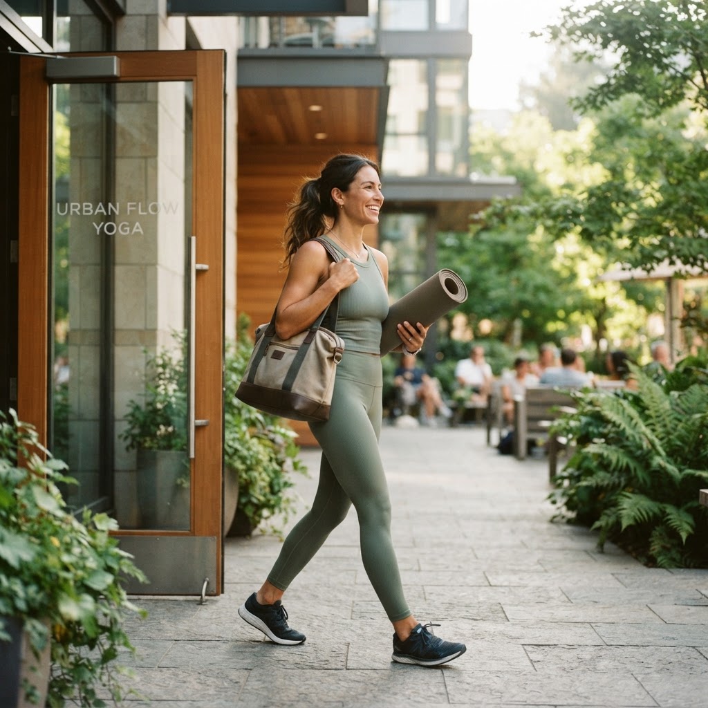 Employee leaving a yoga studio feeling empowered and healthy