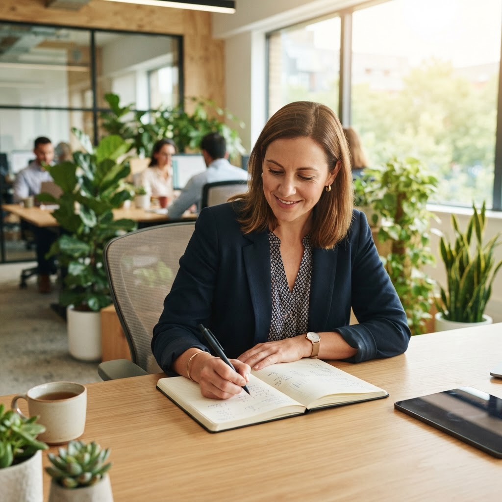 HR manager planning employee benefit budgets at a clean office desk