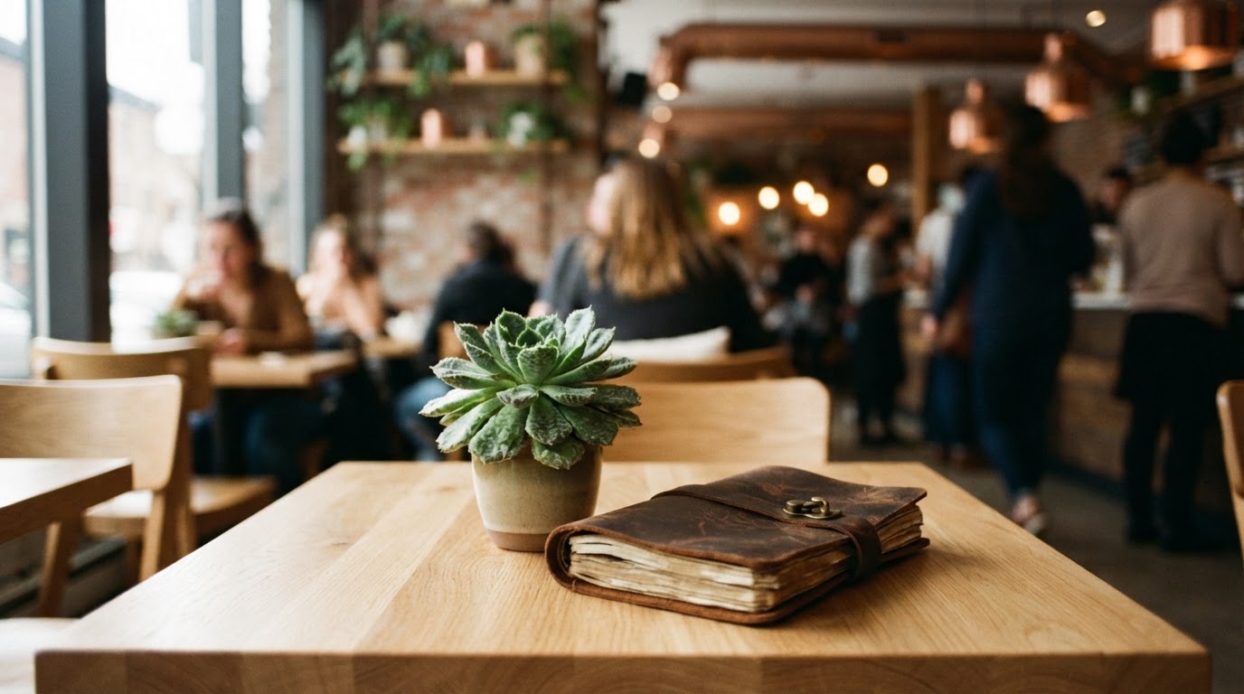 A small plant and planner on a cafe table