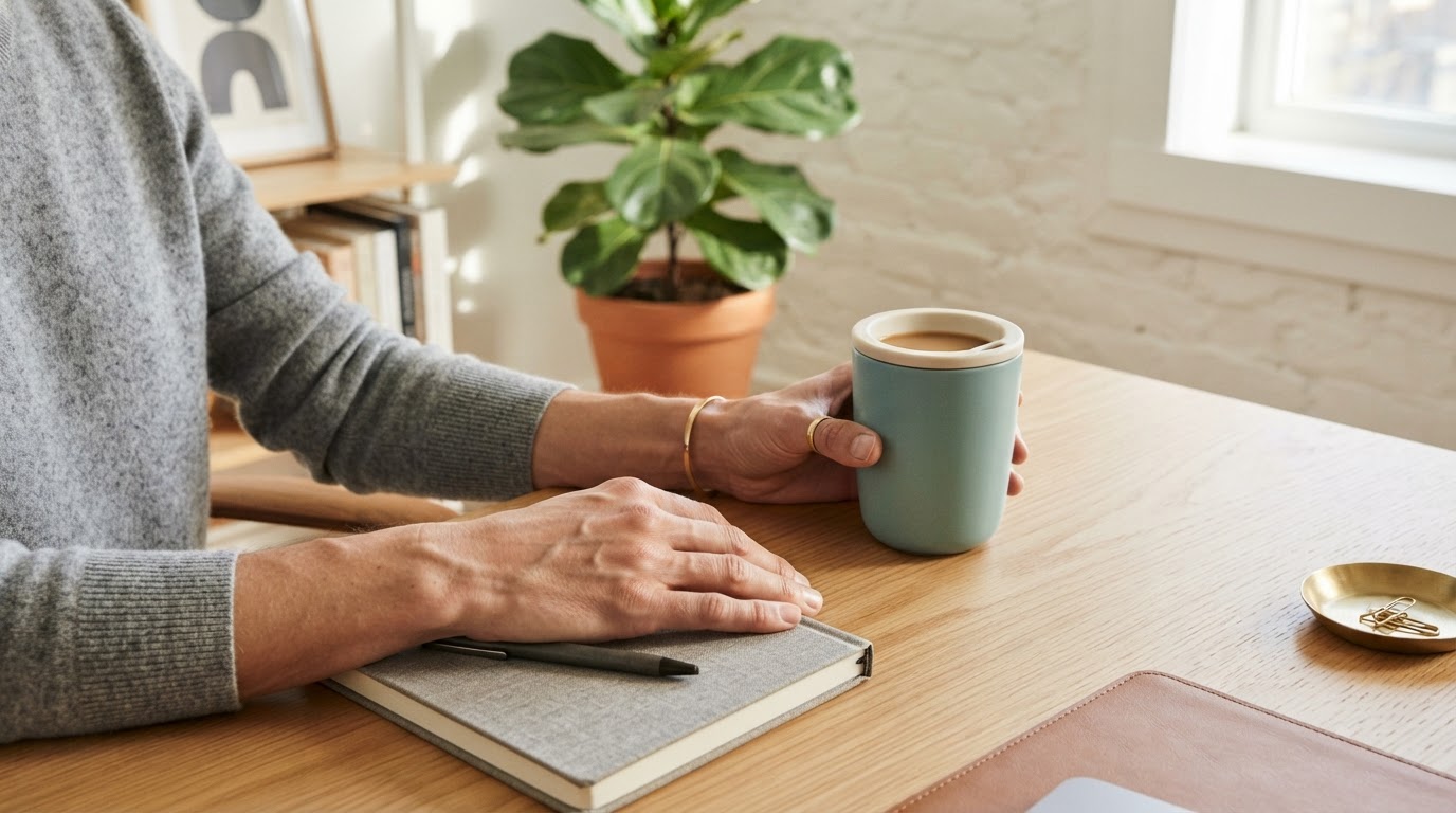 Close up of hands and coffee mug on a wooden desk