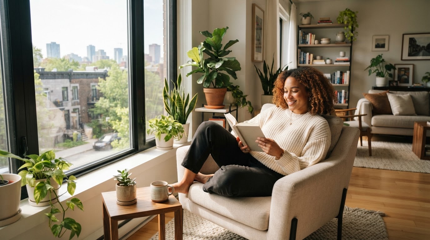 Person relaxing in a sunlit home corner