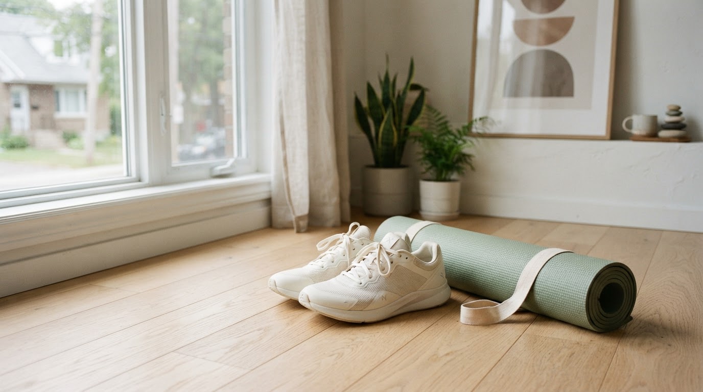 Yoga mat and athletic sneakers on a wooden floor