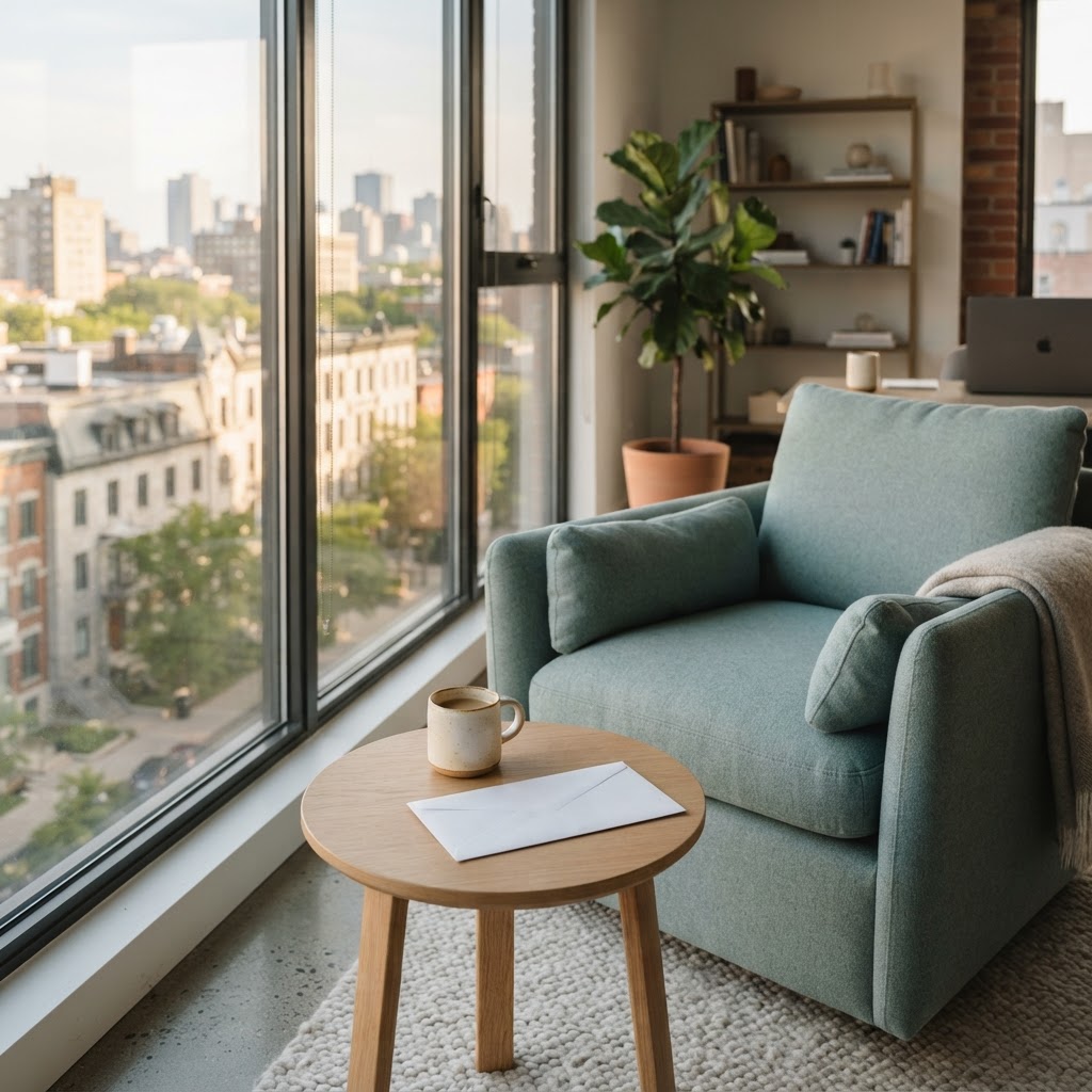 Empty comfortable office chair with a document in a sunlit room