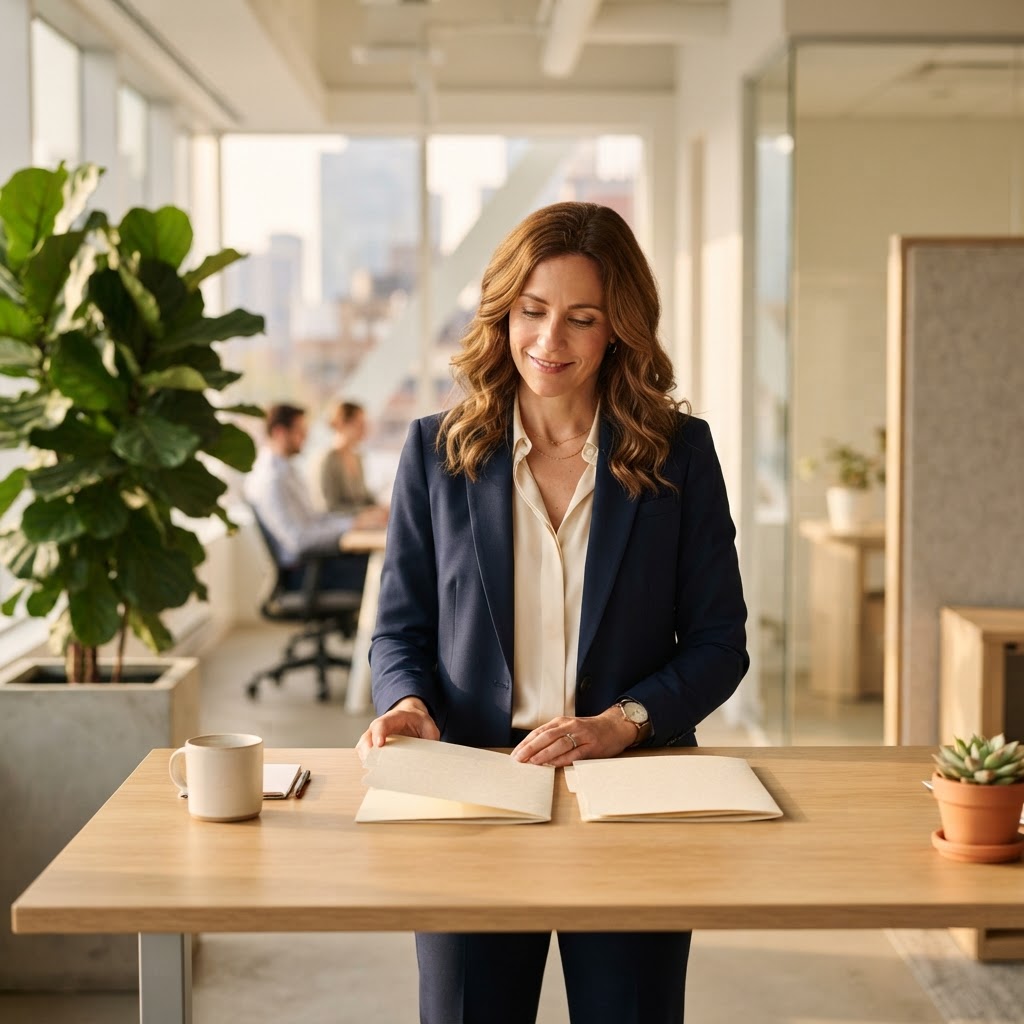 HR professional comparing two benefit folders in a bright office