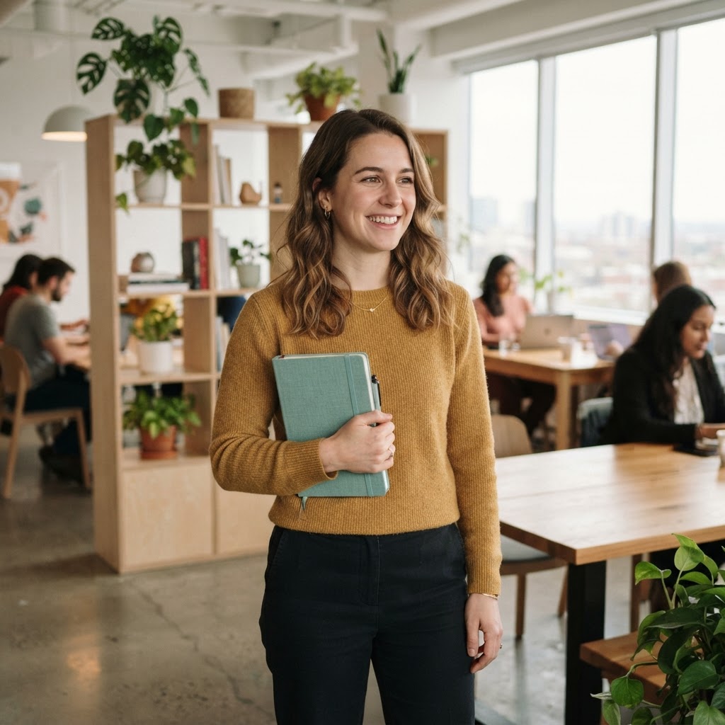 Professional holding a teal notebook in a modern sunlit office