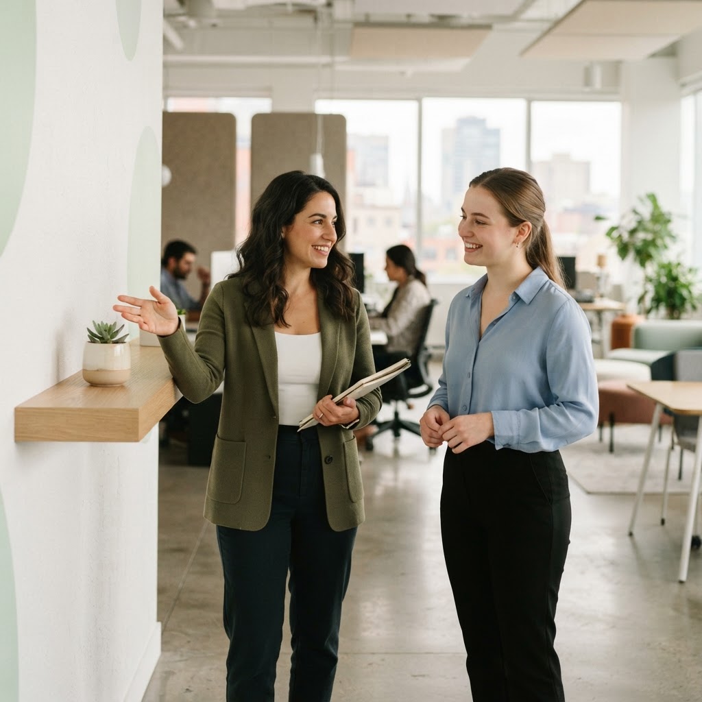 Two colleagues having a supportive conversation in an office
