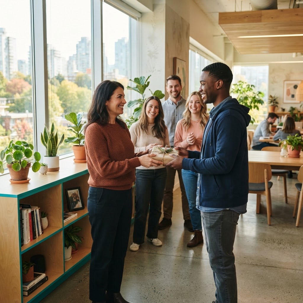 Manager welcoming a new employee in a bright office