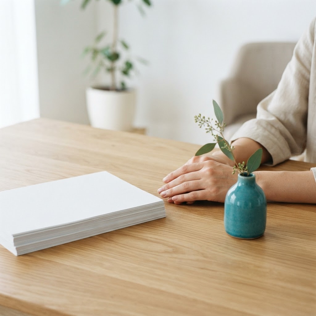Minimalist office desk with greenery and clean paper