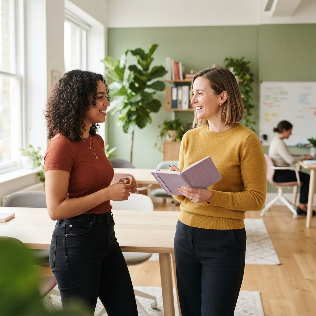 Small business owner discussing wellness in a modern office