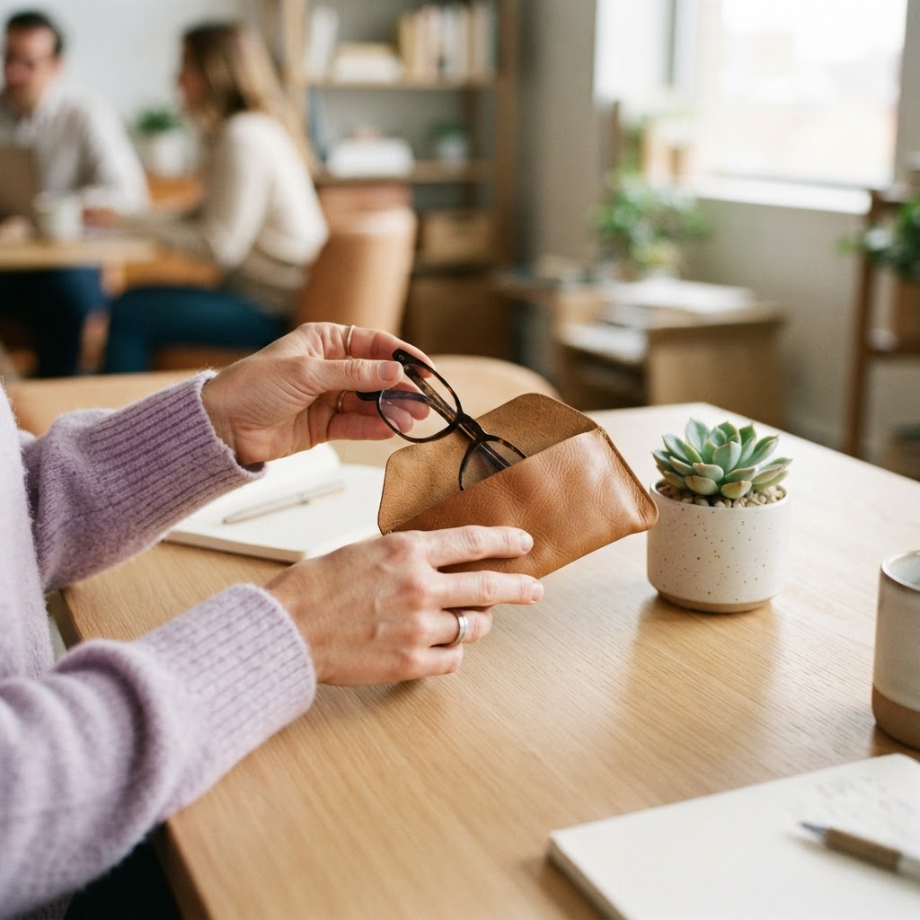 Close up of person placing glasses into a case on a desk