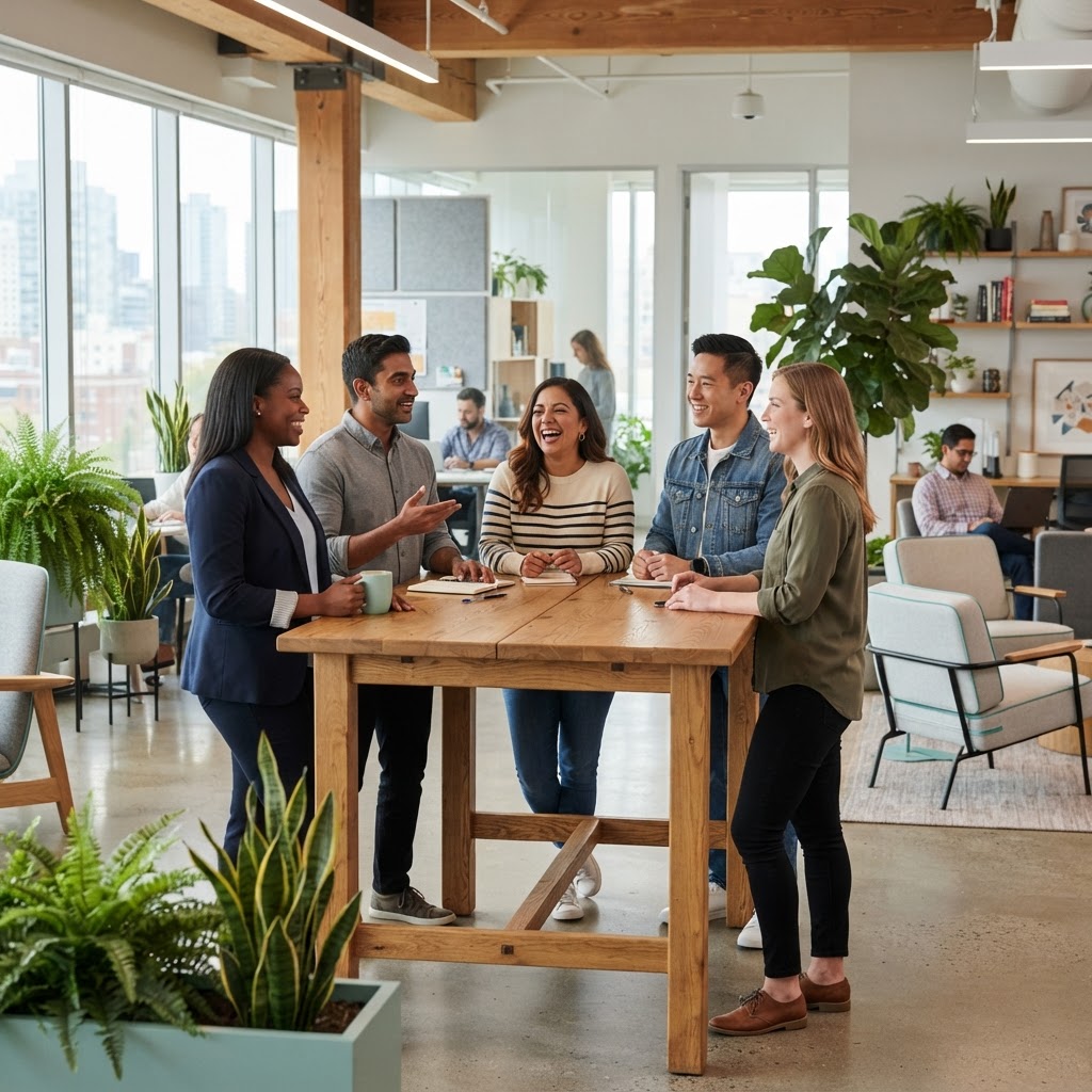 Diverse team collaborating in a bright modern office space