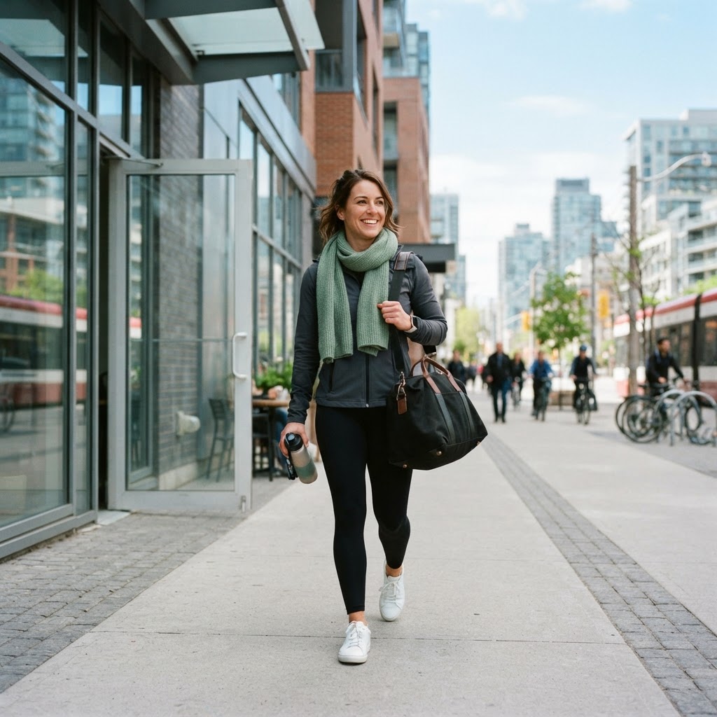 Person leaving a gym with a bag in an urban setting