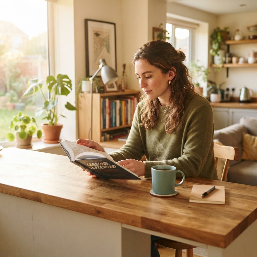 Professional reading a book in a sunlit home office corner