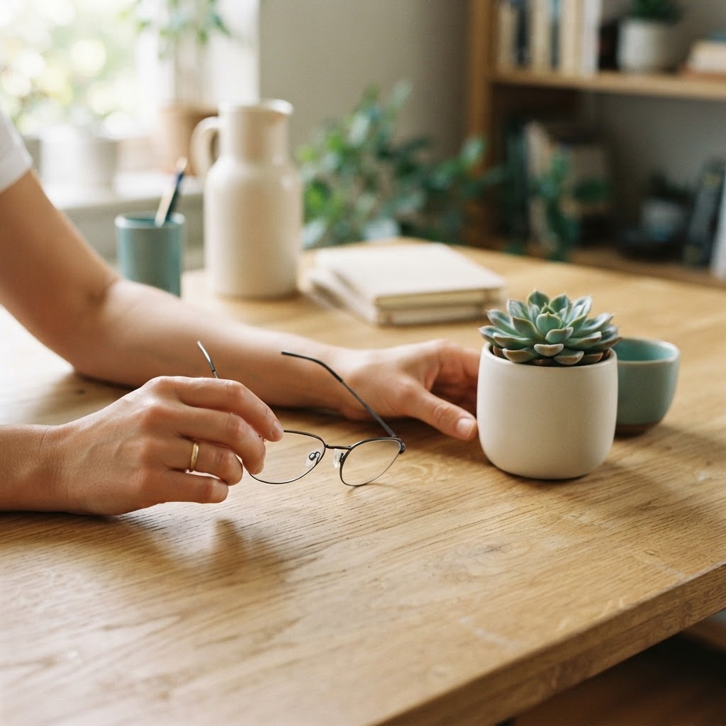 Hands holding eyeglasses on a clean wooden desk