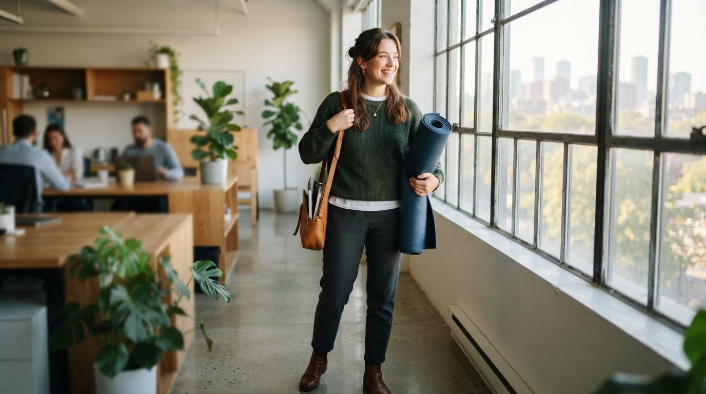 Happy employee with yoga mat in modern office