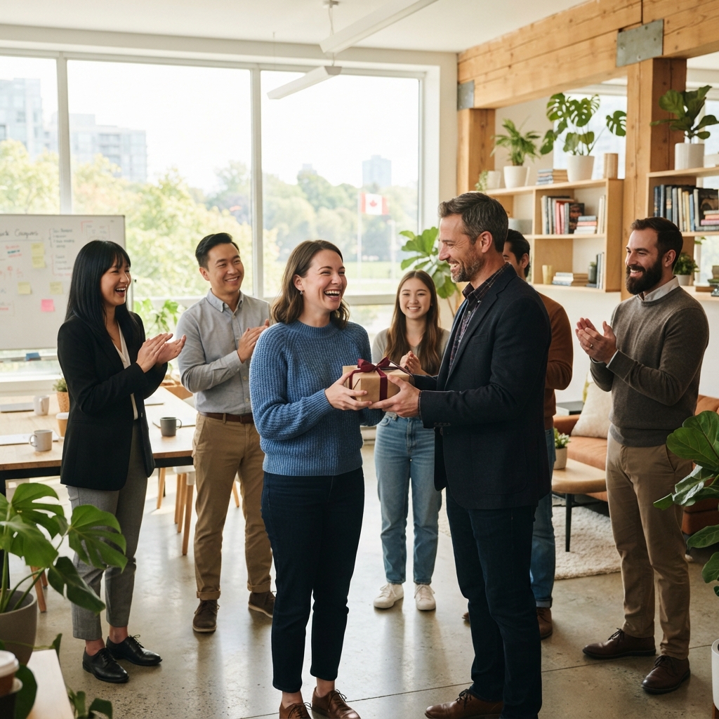 Manager presenting a work milestone gift to an employee