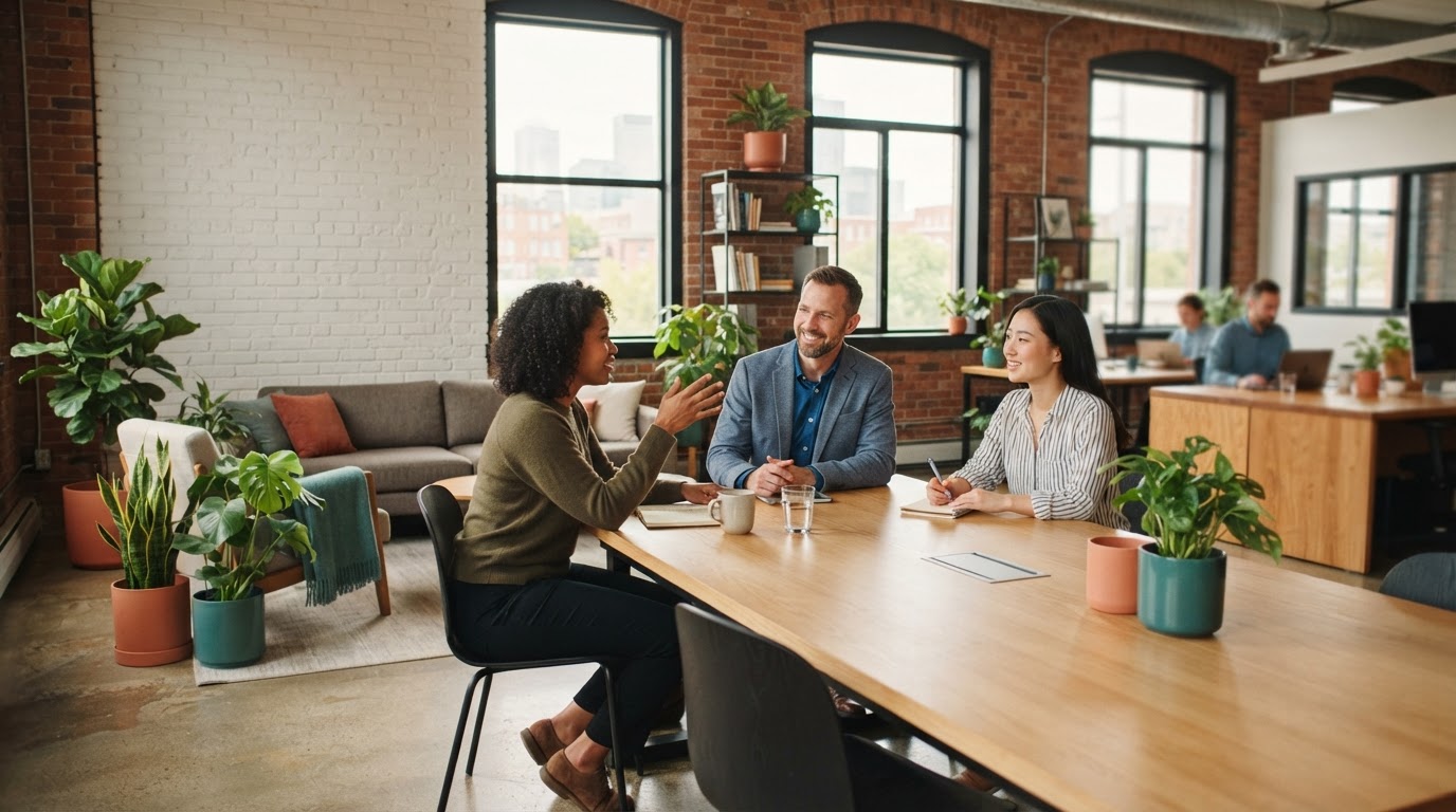 Diverse team collaborating in a bright modern office
