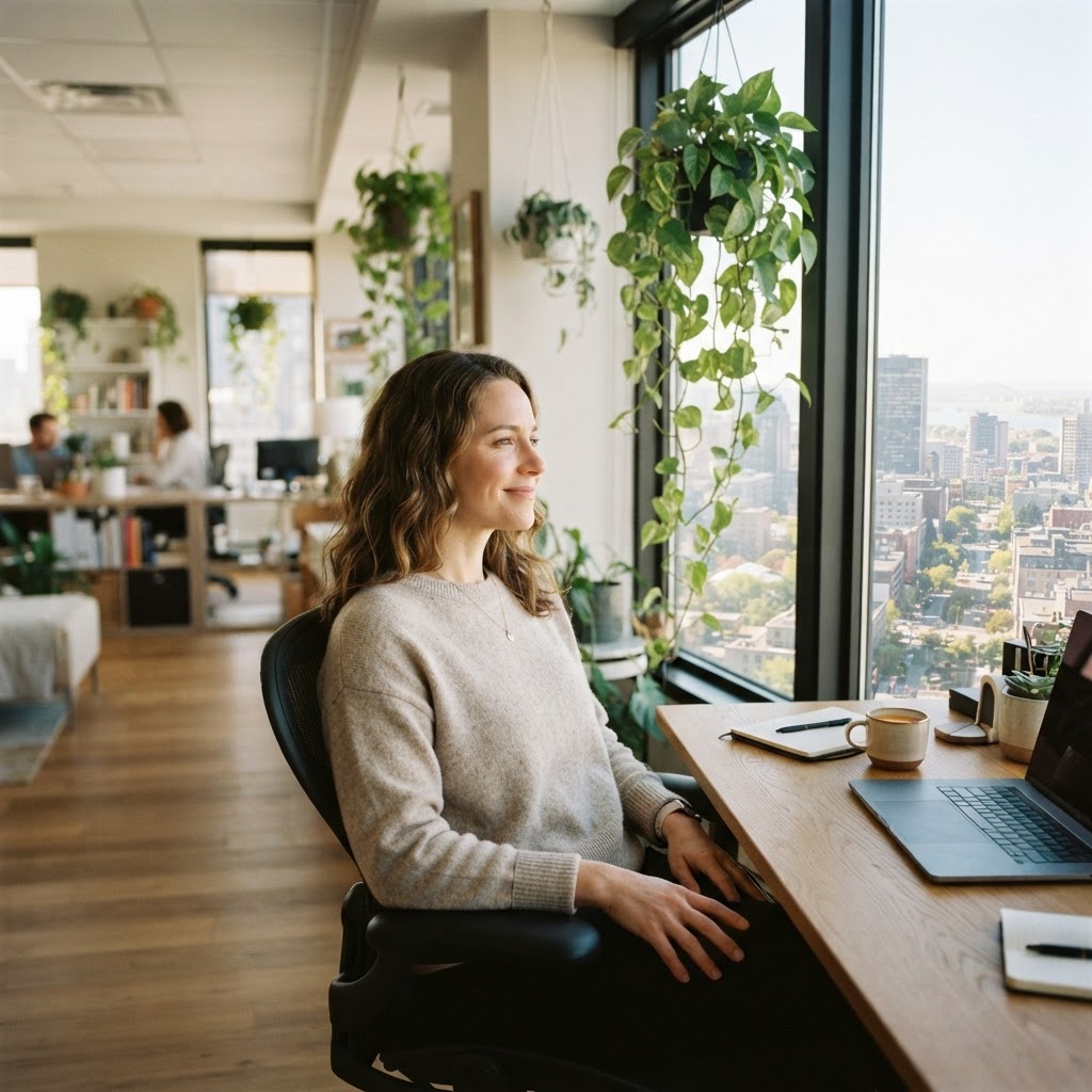 Individual working in a serene sunlit office