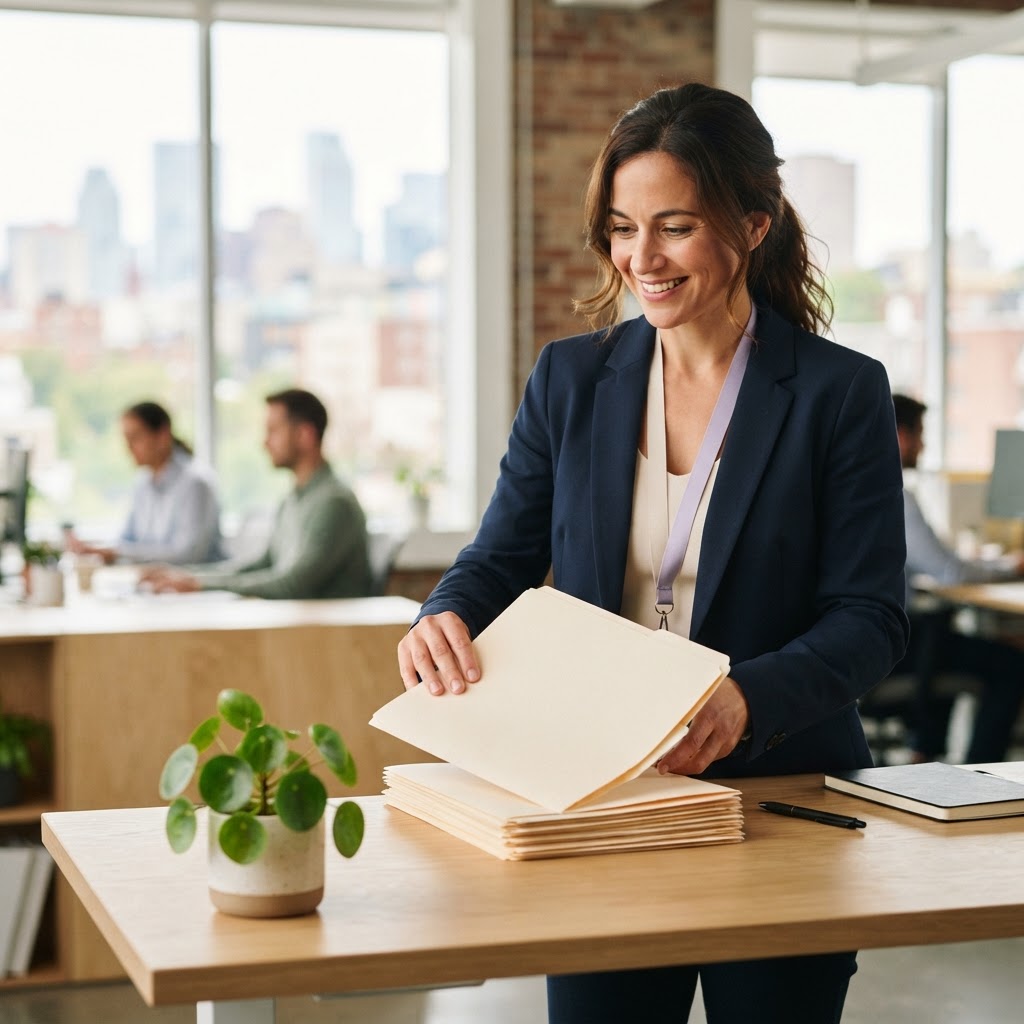 Professional organizing documents in a bright workspace