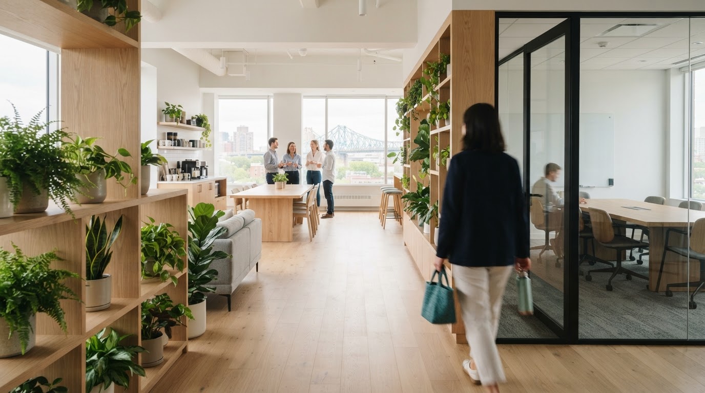 Modern light-filled Montreal office break area with plants