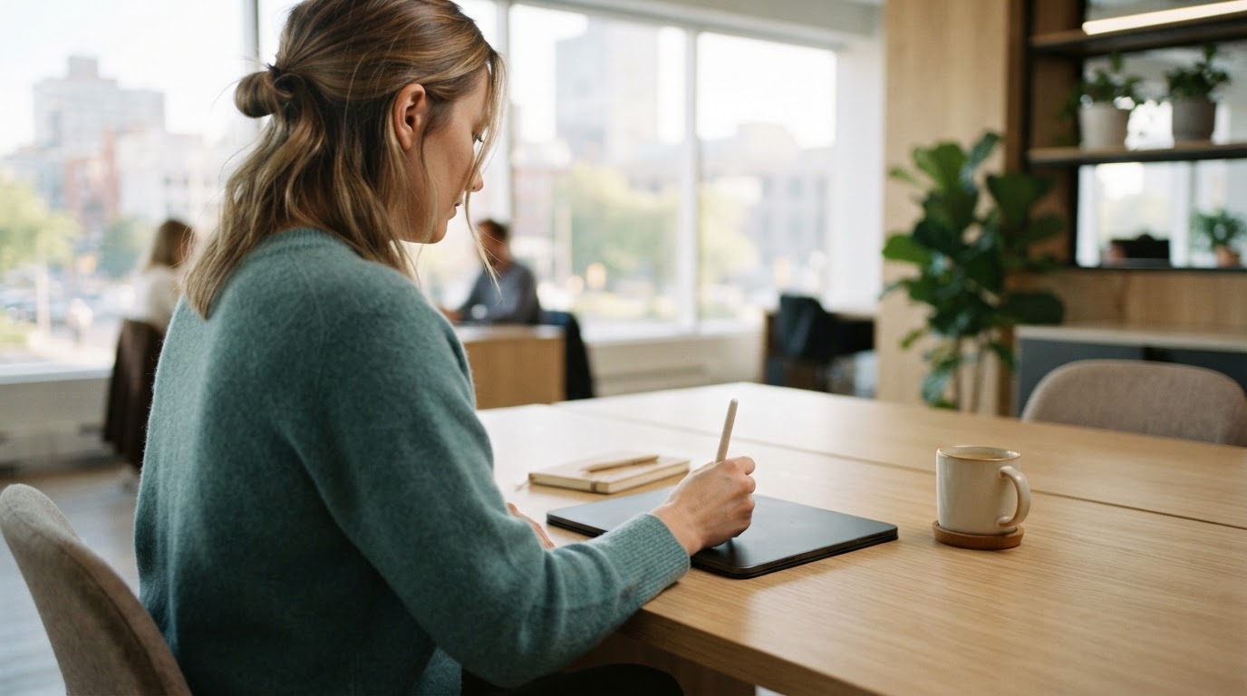 Person working on a tablet at a clean office desk