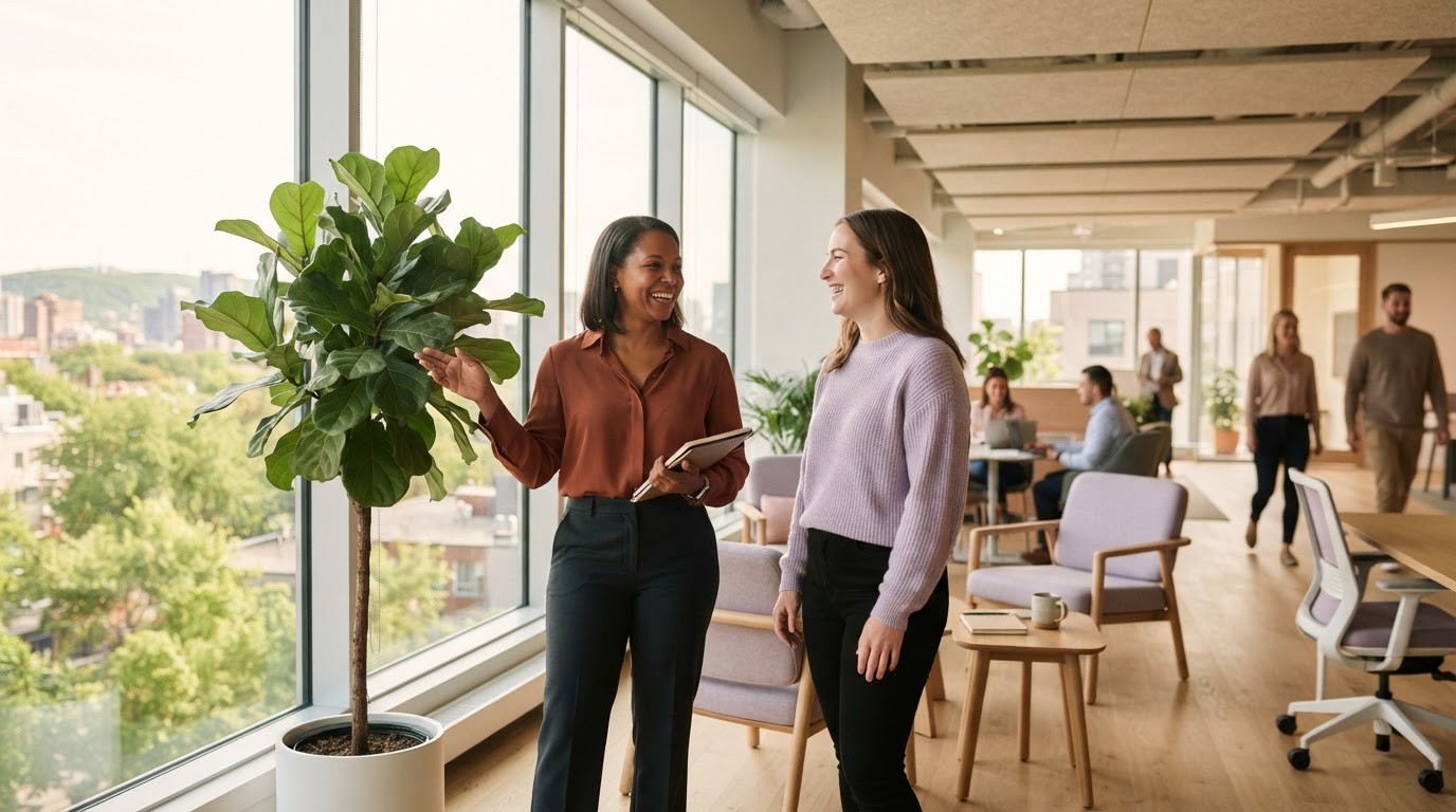 Two employees having a relaxed conversation in a modern office