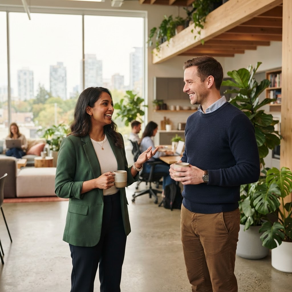 Two colleagues talking in a sunlit office