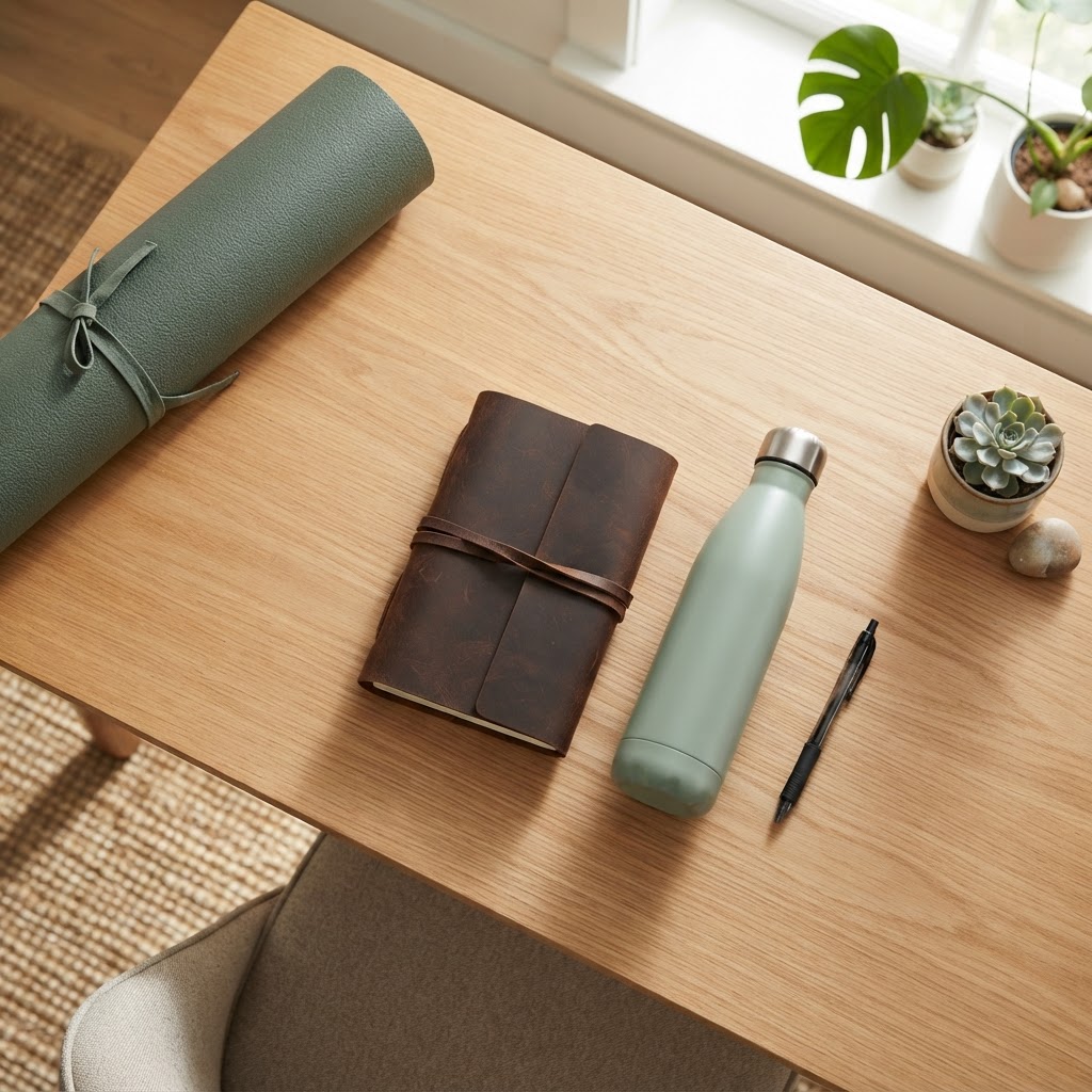 Yoga mat and water bottle on a desk
