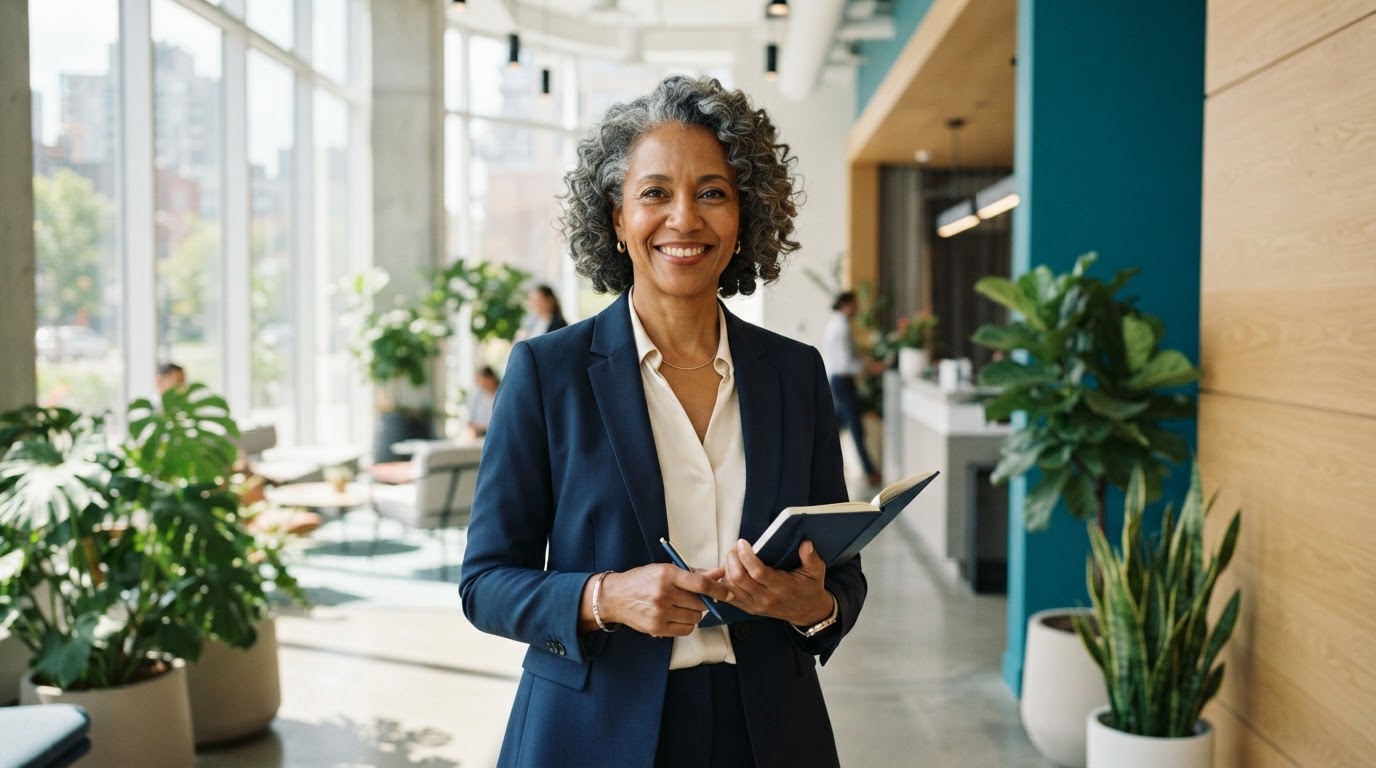 A happy business leader in a modern bright office