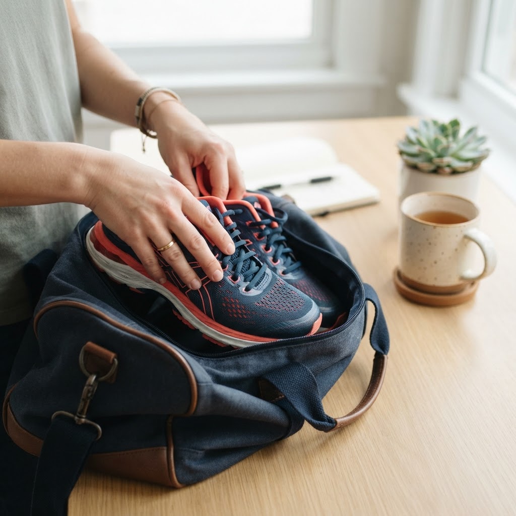 Close up of person packing gym bag for health activity
