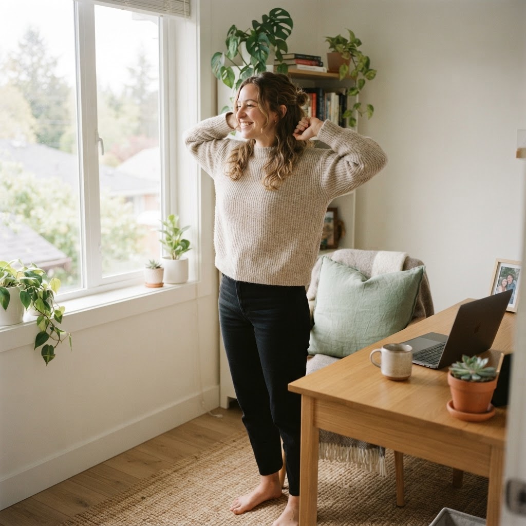 Employee relaxing in a bright home office setting