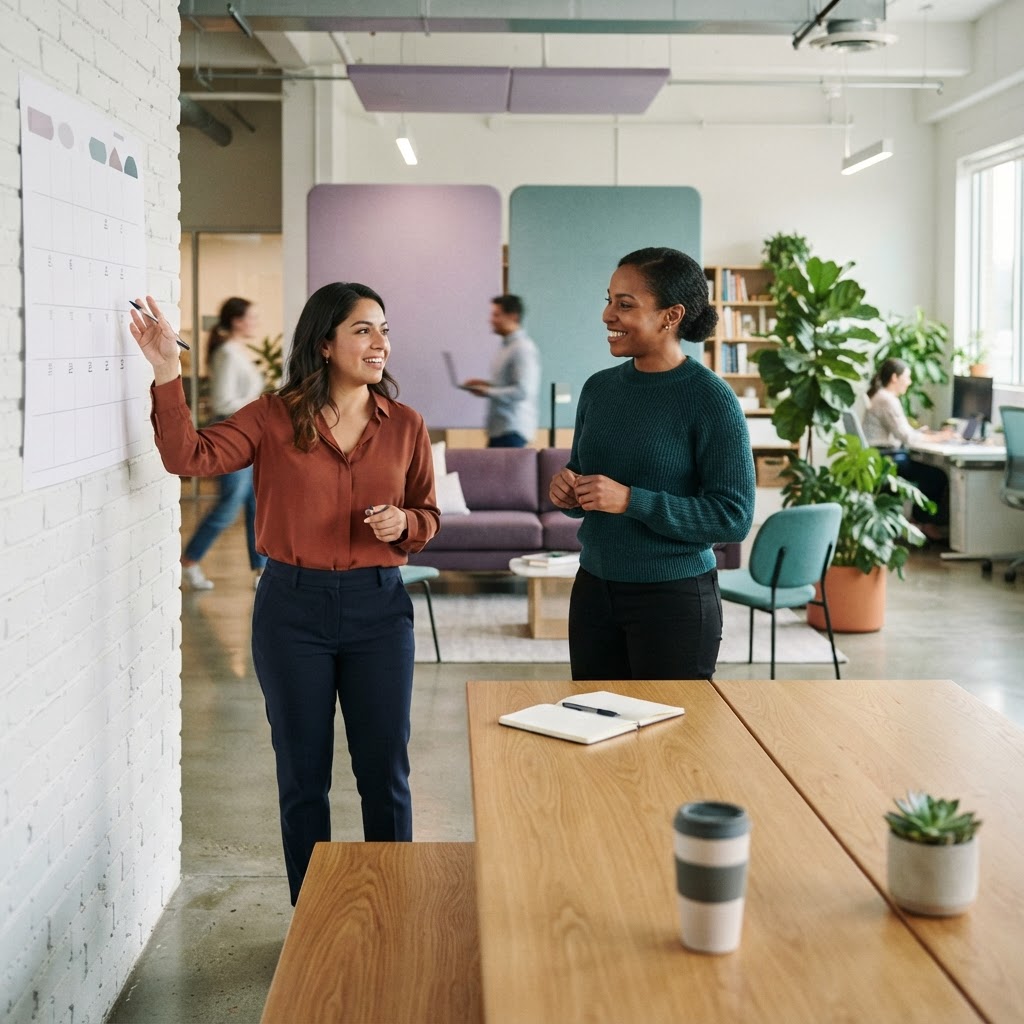 Two coworkers collaborating in a modern office space