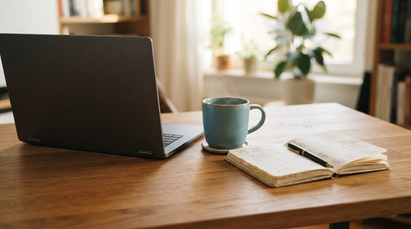 A clean wooden desk with a coffee mug and notebook