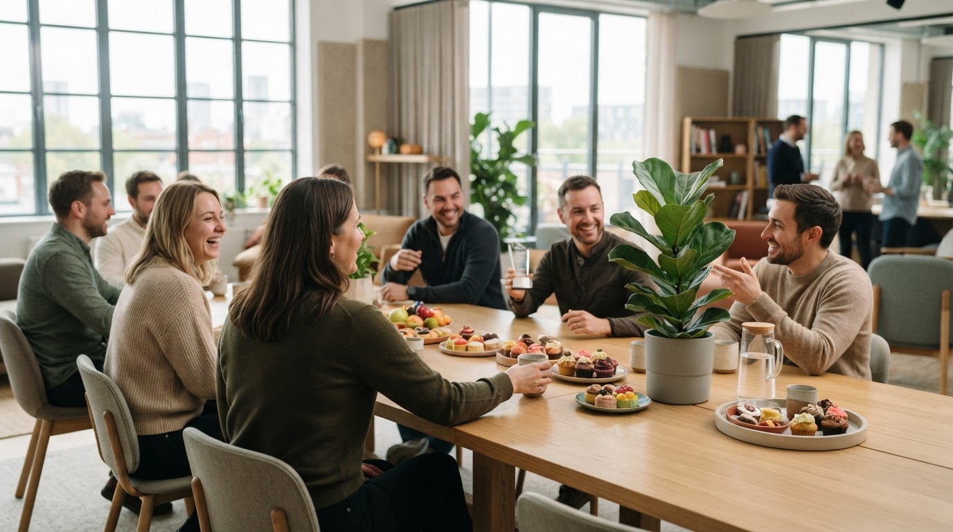 A warm communal gathering in a modern workspace