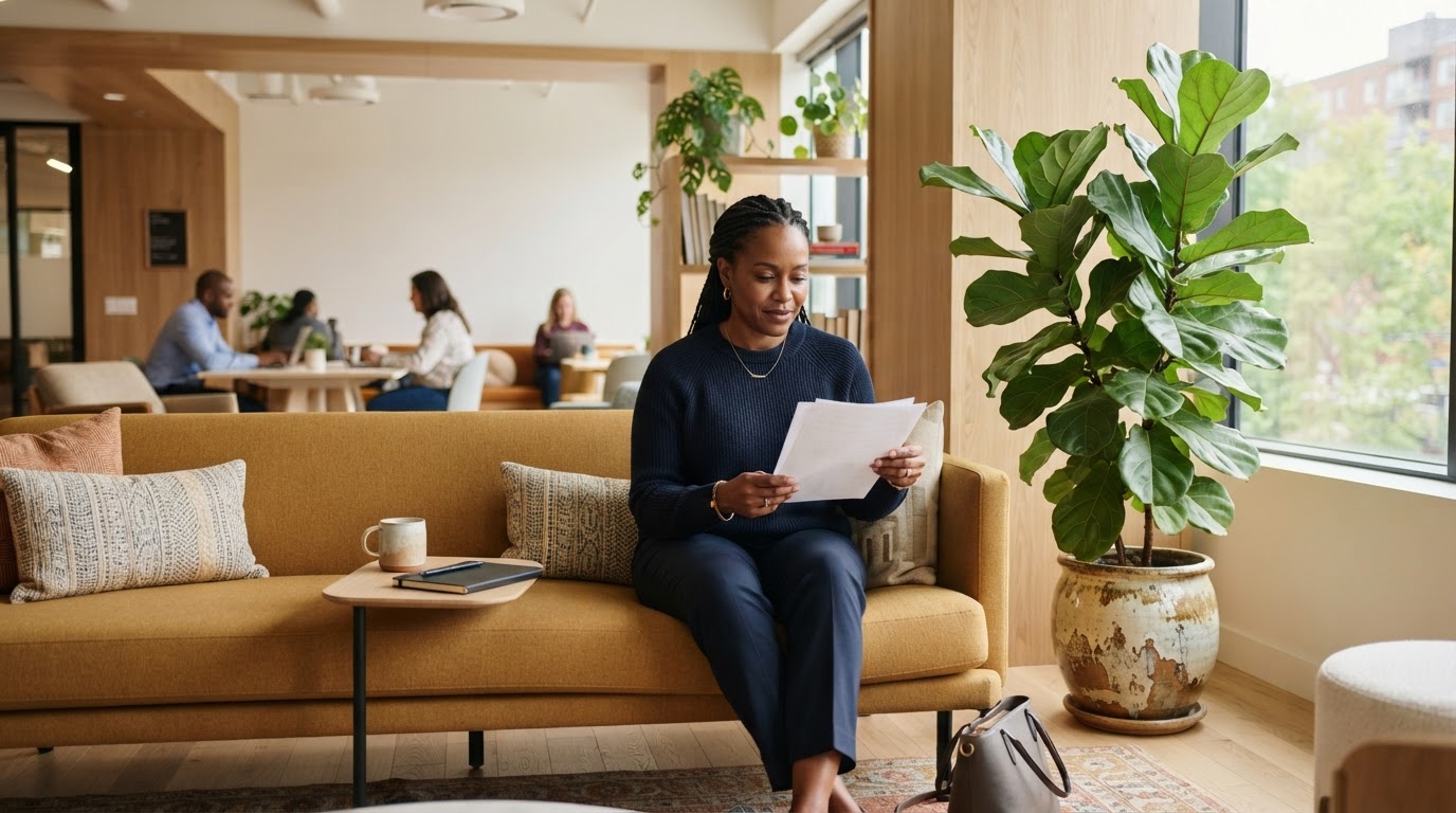 A woman relaxing in a modern office lounge space