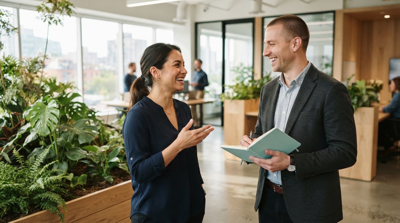 Two colleagues conversing in a bright modern office